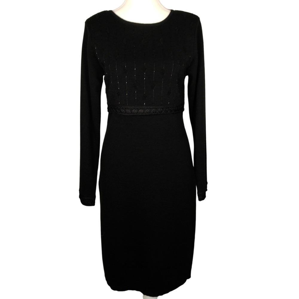 Vintage Carole Little Black Sheath Dress Knit Long Sleeve Embellished Small